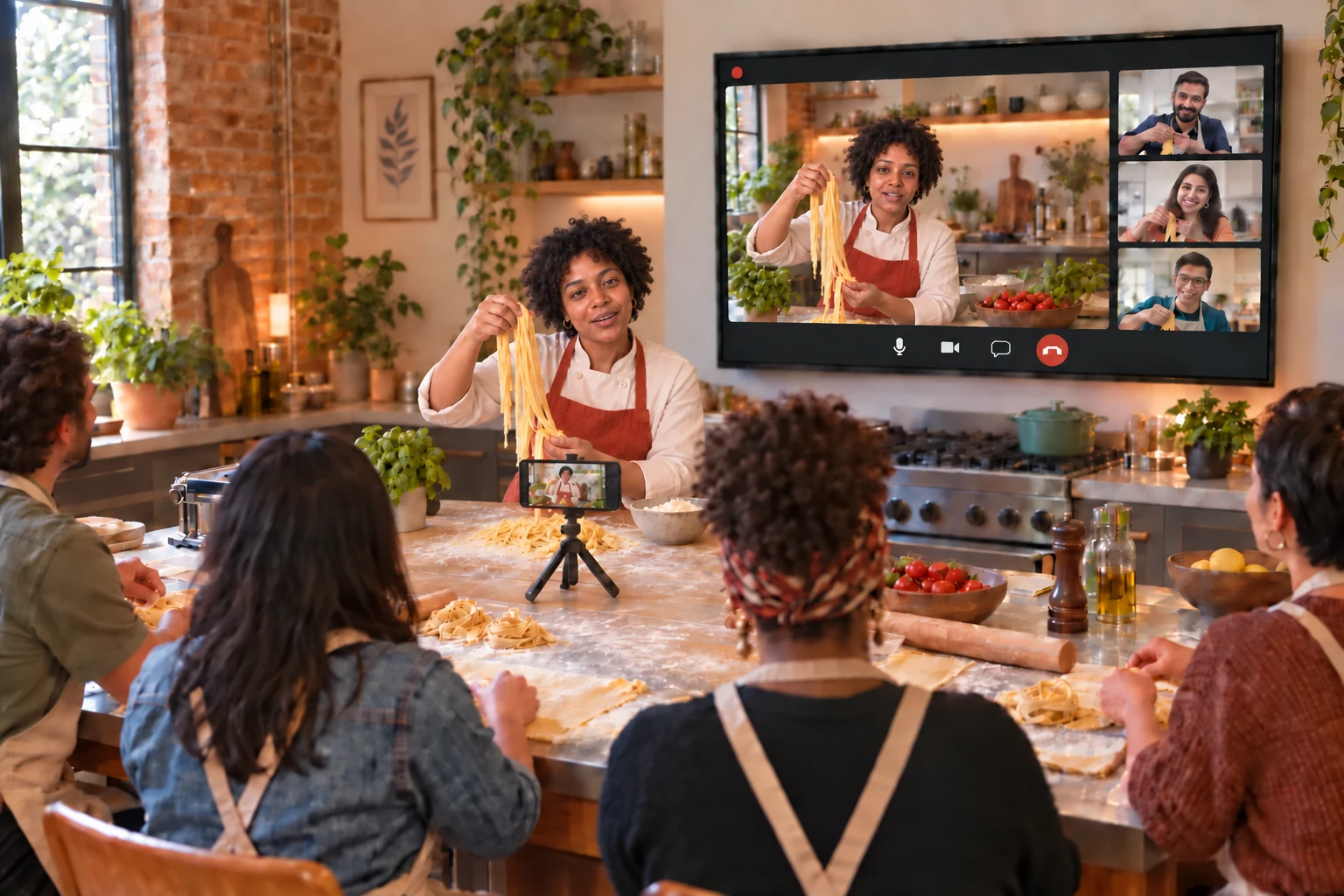 Illustrative paid pasta class: a landscape phone on a low tripod streams the chef from the kitchen island. The wall screen shows the same four camera feeds as the online room, with everyone lifting and separating freshly cut pasta.